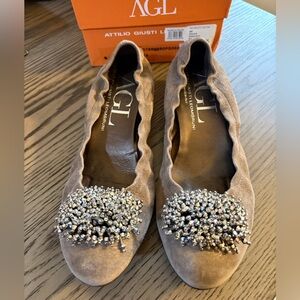 AGL Ginger Leather Suede Embellished Ballet Kitten Block Heels